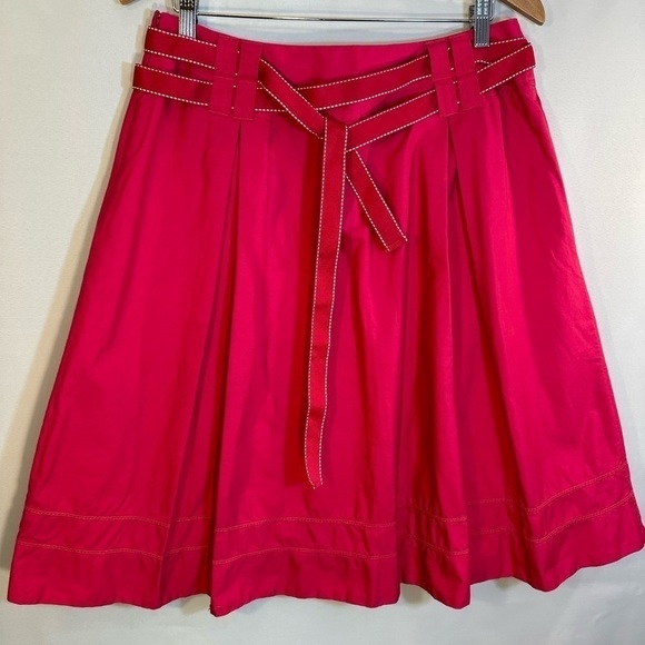 Liz Claiborne 100% Cotton Hot Pink Fit & Flared Pleated Belted Knee Length Skirt - Picture 2 of 8